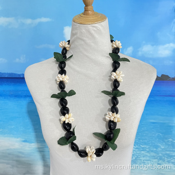 Kukui Nut &amp; Beach Shell Neck Lei W/Ti Leaves